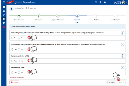 Wizard Re-enrolment step Consents