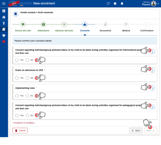 Wizard step Consents